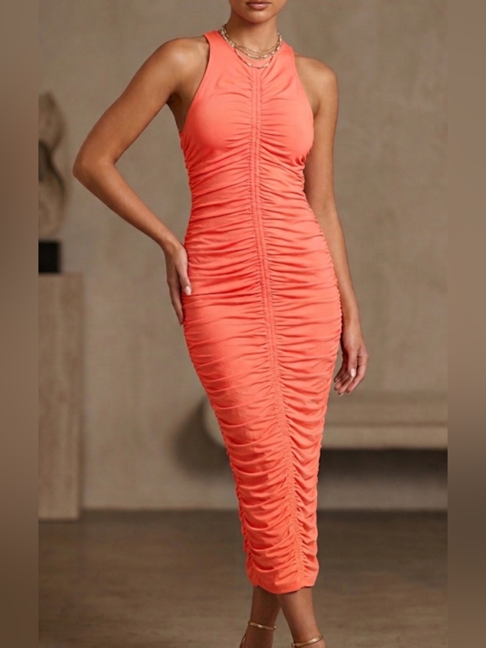 Hot & Delicious Coral Pink Ruched Racerback Bodycon Mini Dress HGD6436 Small NEW